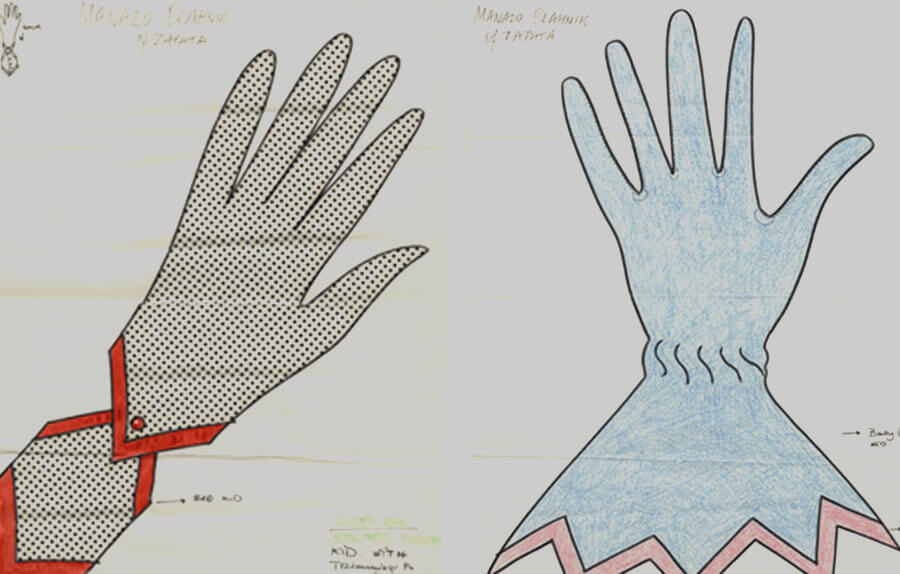 Two hand-drawn glove designs, the first featuring a polka-dot design and separate wrist cuff, the second plain, in a lighter colour and featuring a long cuff with zig-zag edging 