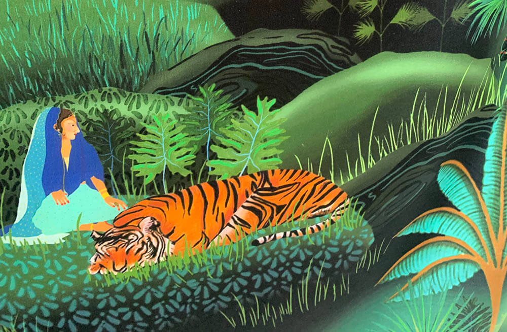 A design with a tiger resting in a green jungle