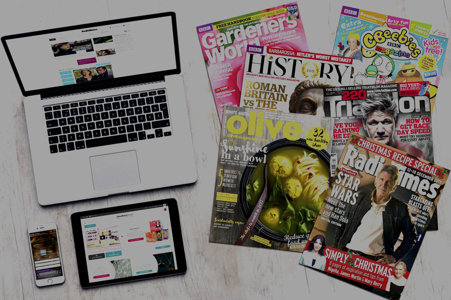 Laptop, smartphone and tablet alongside printed magazines