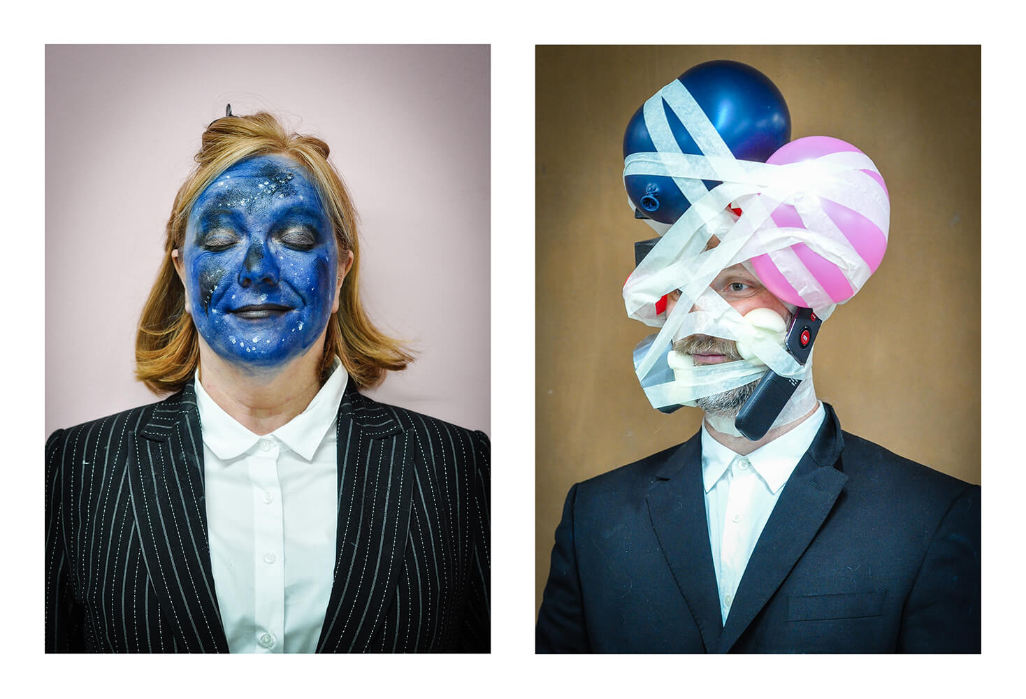 A woman with a blue painted face and a man with balloons taped to his face