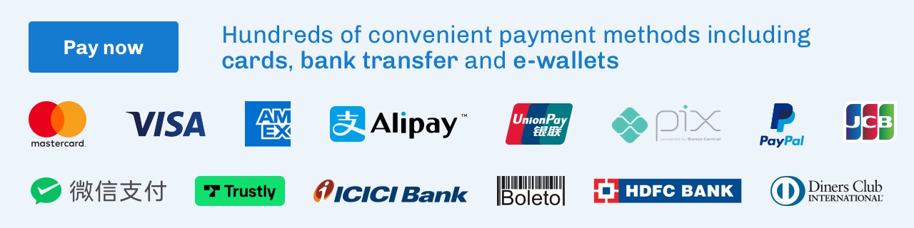 A graphic that reads 'hundreds of convenient payment methods including cards, bank transfer and e-wallets' with logos for Mastercard, Visa, American Express, AliPay, UnionPay, Pix, Paypal, JCB, Trustly, ICICI Bank, Boleto, HDFC Bank and Diners Club International