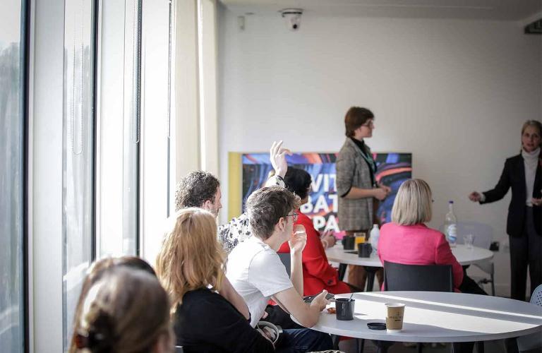 Wera Hobhouse MP talking to Bath Spa Uni students