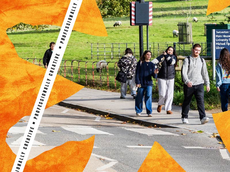 A group of students walking around Bath Spa University campus on an Autumn day with a colourful graphic overlay reading "Professionally creative"