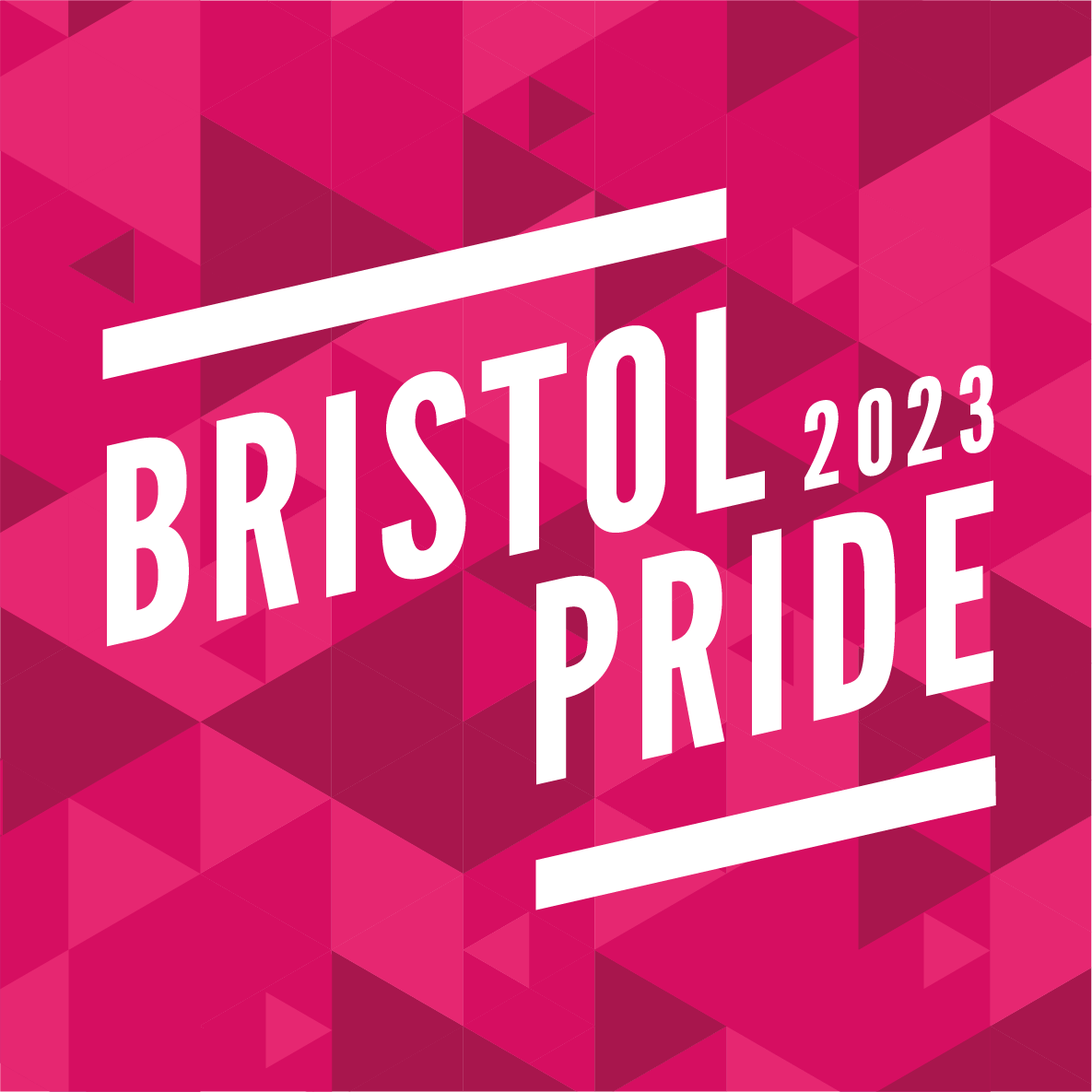A series of pink triangles with the words Bristol Pride 2023 written