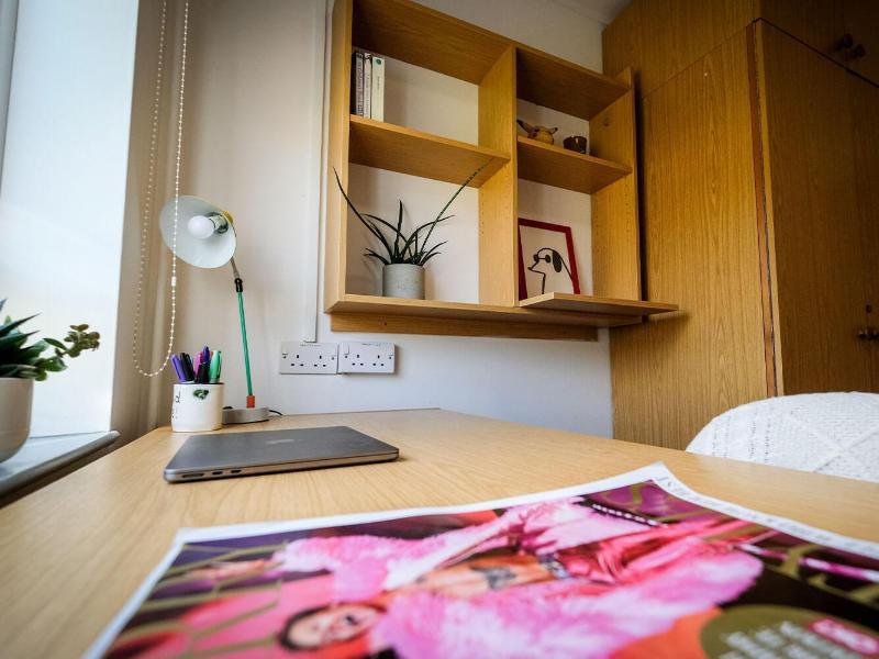 Wooden desk space in a student room