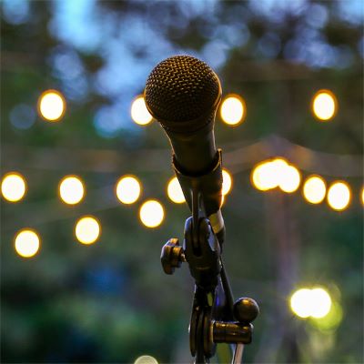 A microphone with fairy lights in the background