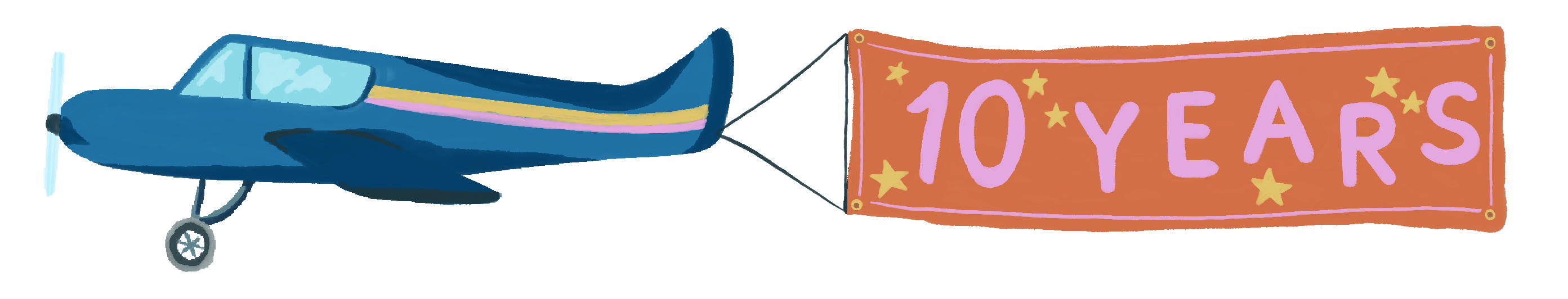 A colourful illustration of a plane carrying a banner that reads '10 Years'