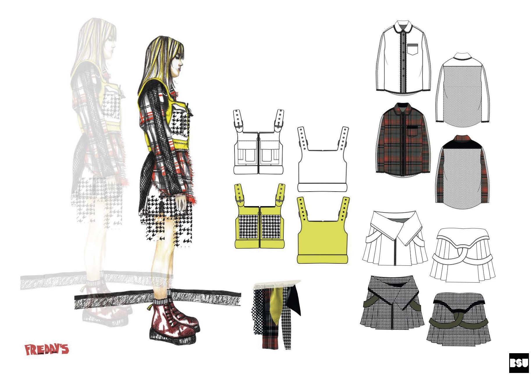 Selection of sketches of clothes and notes from a portfolio