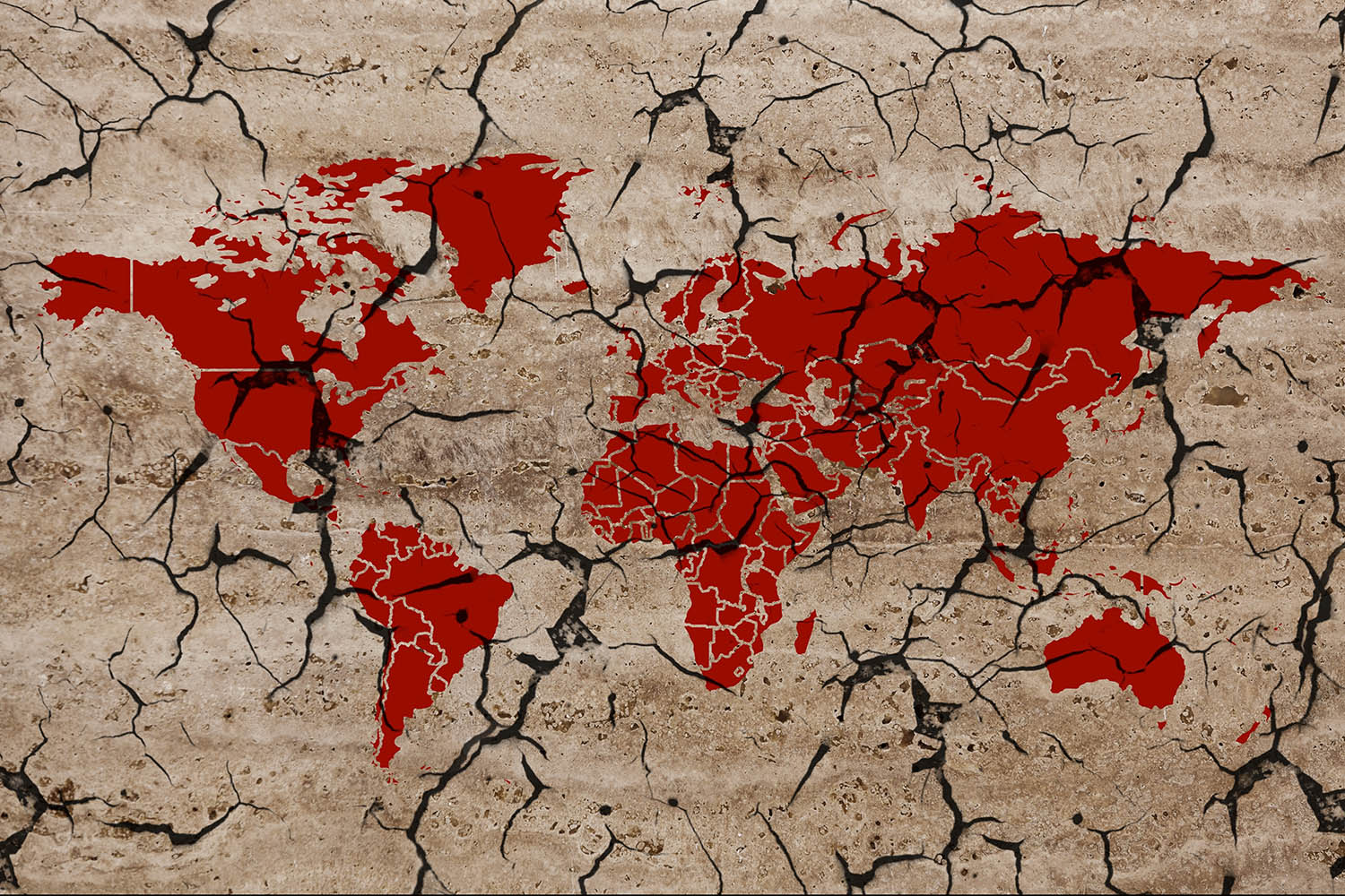 A map of the world with each continent in red, on a beige background. The background is cracked, suggesting cracked earth.
