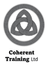 A grey symbol of three interlocked triangles inside a grey circle. Below are the words coherent training ltd.