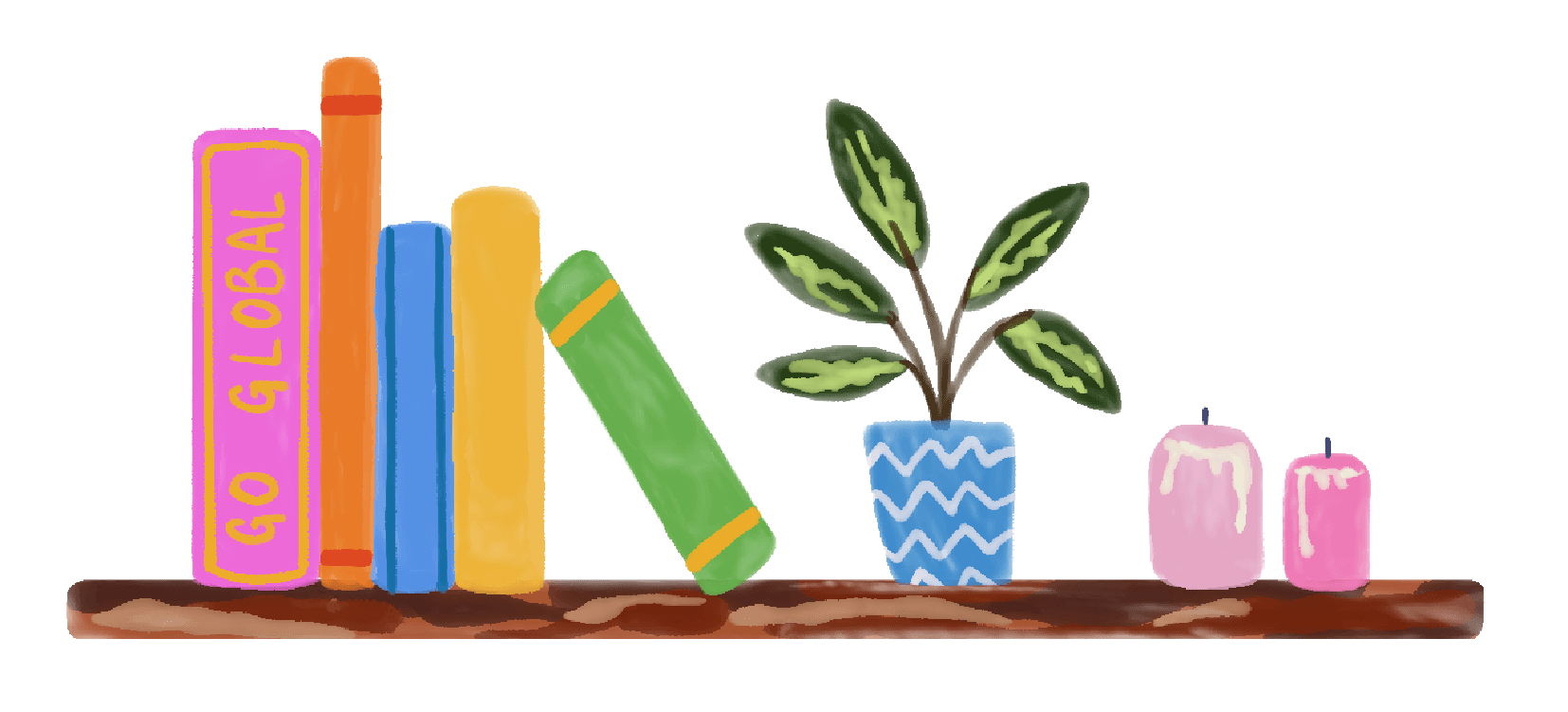 A colourful illustration of books and a houseplant sitting on a shelf
