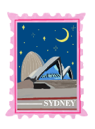 A colourful illustration of a postage stamp showing Sydney Opera House