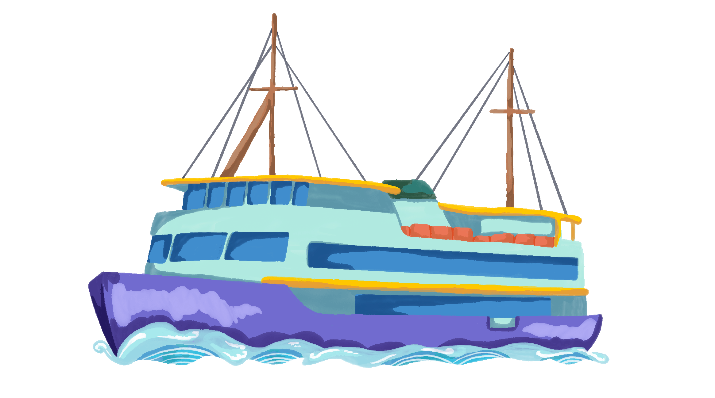A blue and green illustration of a ferry sailing across ocean waves