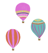 A colorful illustration of three hot air balloons flying in the sky