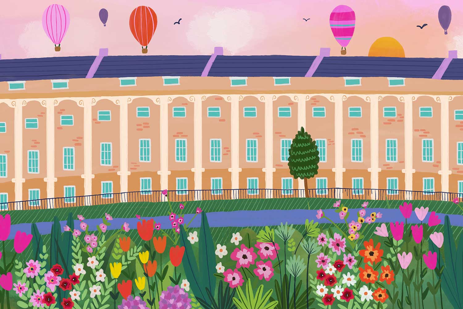 A bright, colourful illustration of the Royal Crescent in Bath
