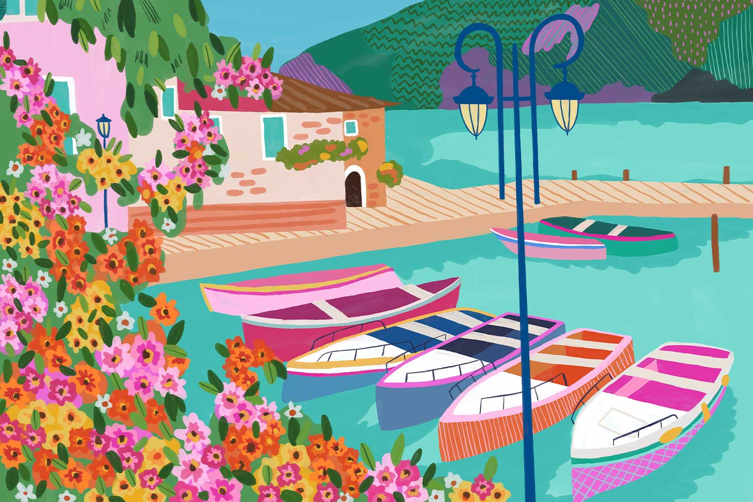 A bright, colourful illustration of an Italian harbour