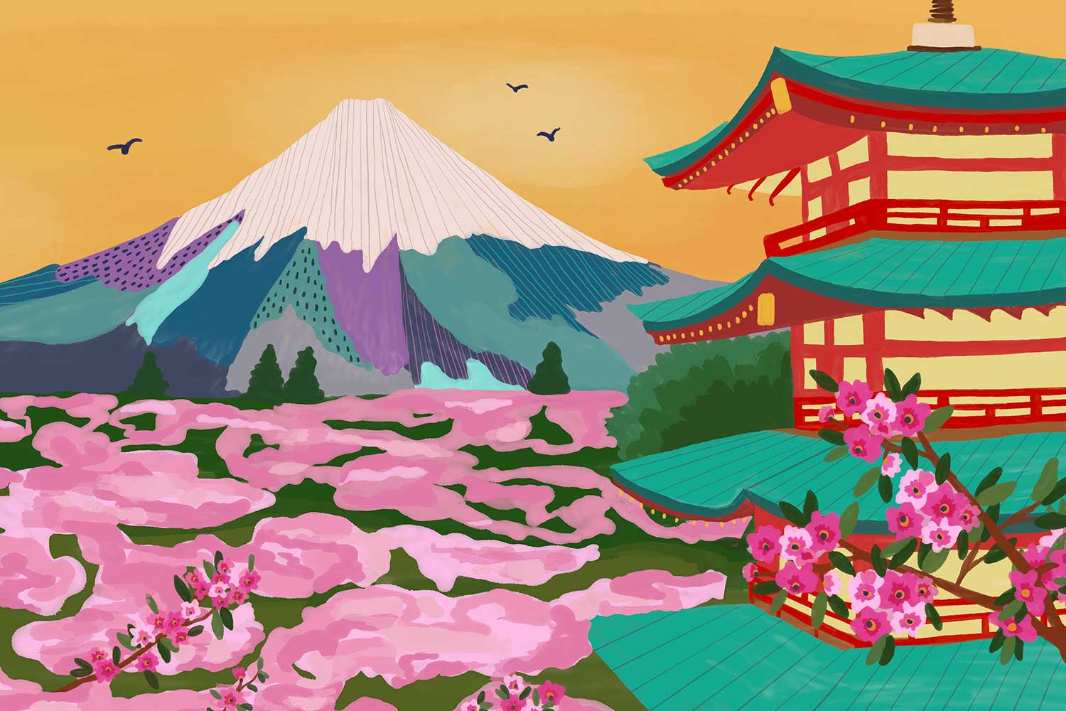 A bright, colourful illustration of Mt Fuji and pink cherry blossom