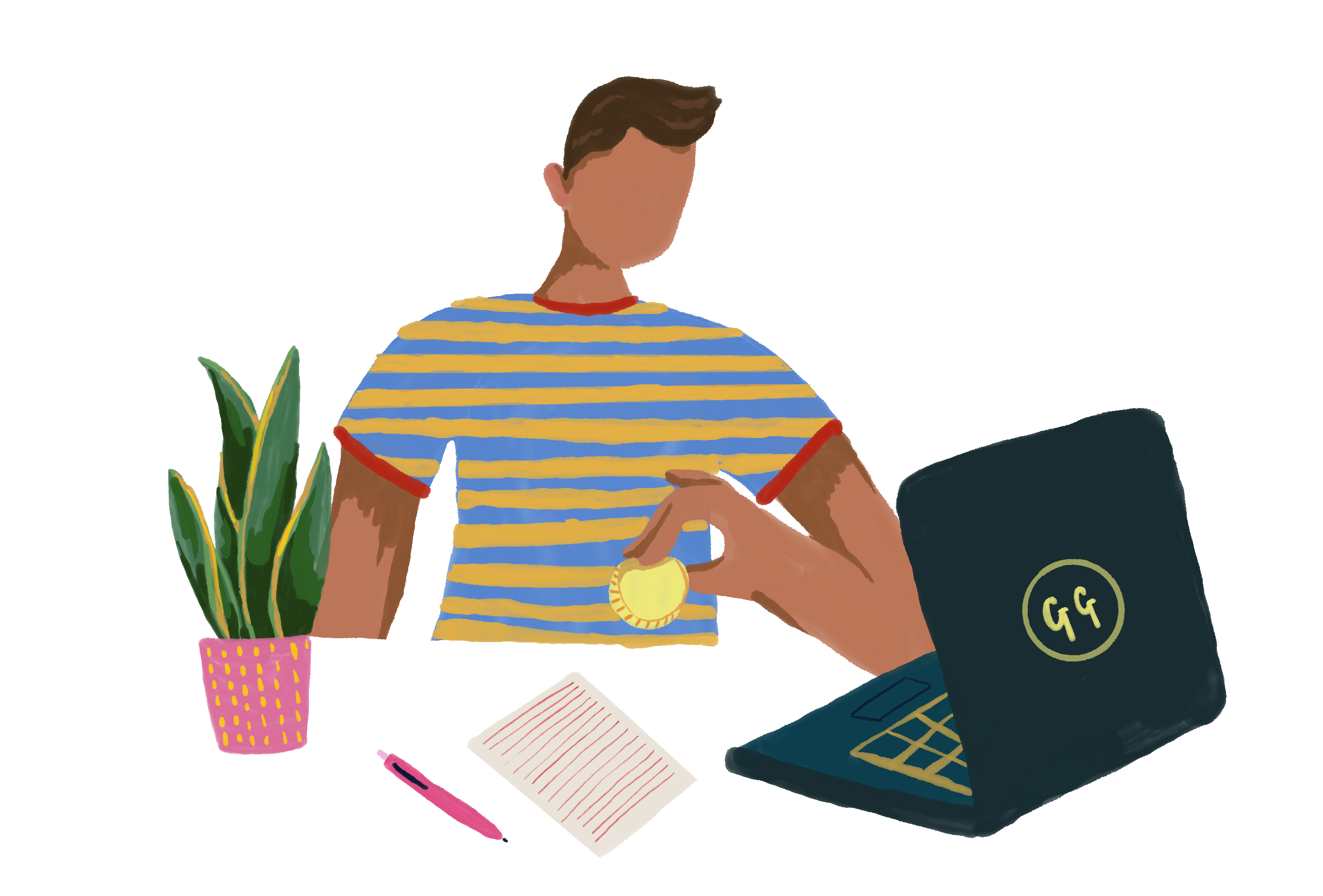 An illustration of a person looking at a laptop and taking notes