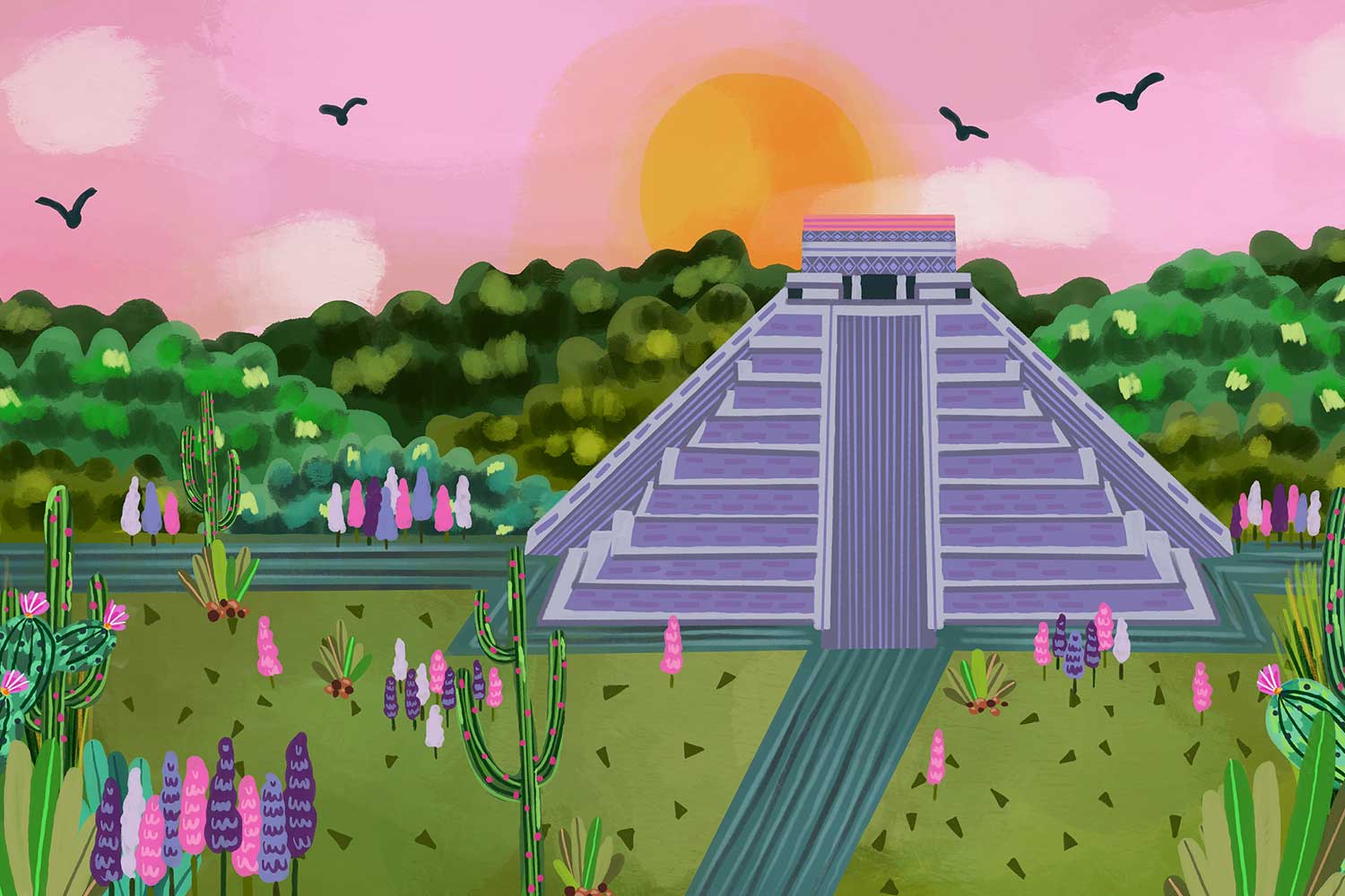 A colourful illustration of a monument in Mexico with the sun setting in the background