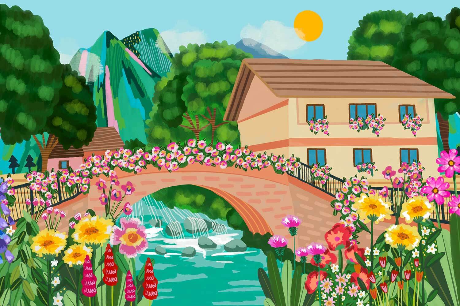 A colourful illustration of a bridge over a flowing river and a stone building in the background