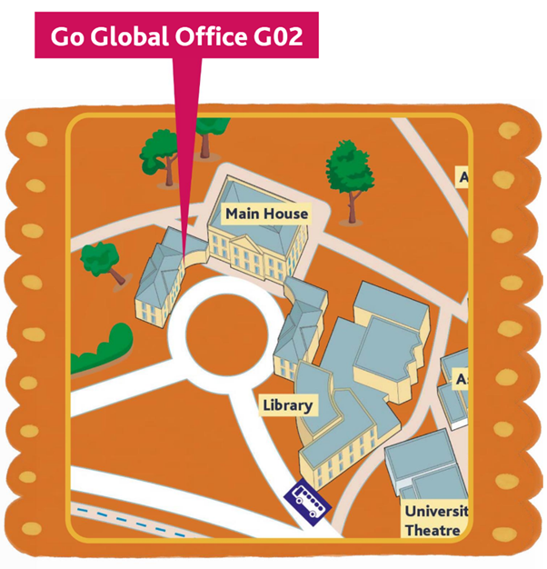 An illustrated map pinpointing the location of the Go Global office in Main House G02