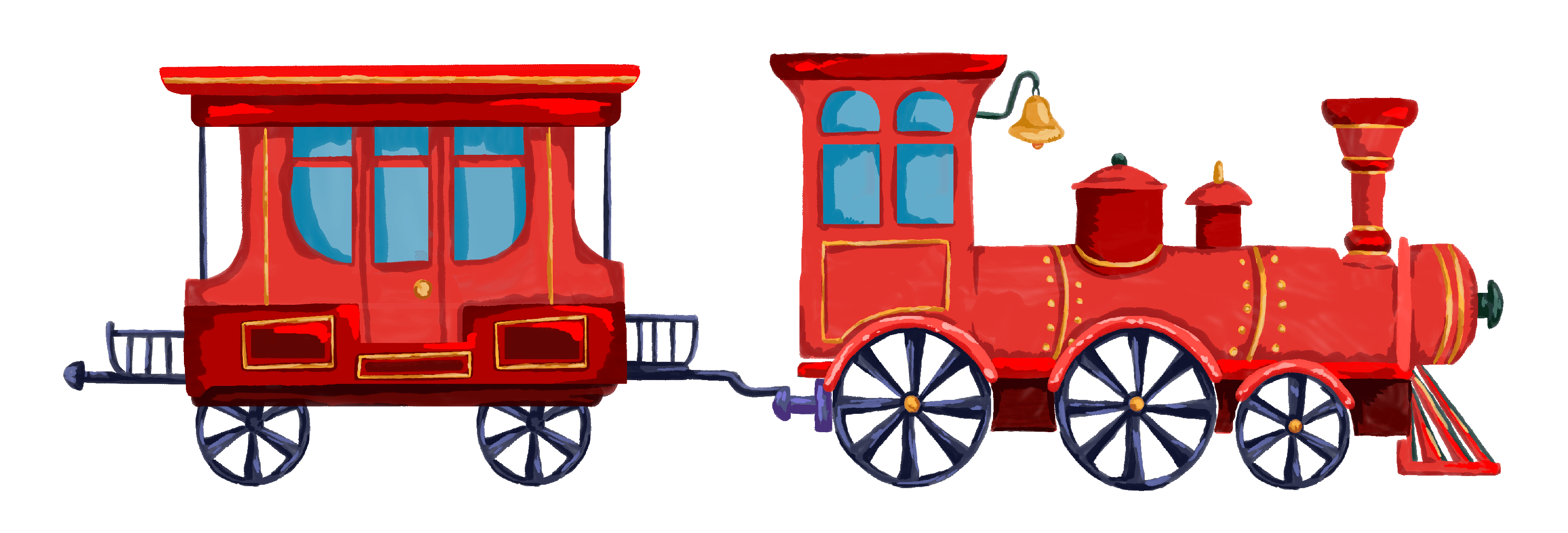 A colourful illustration of a red steam train