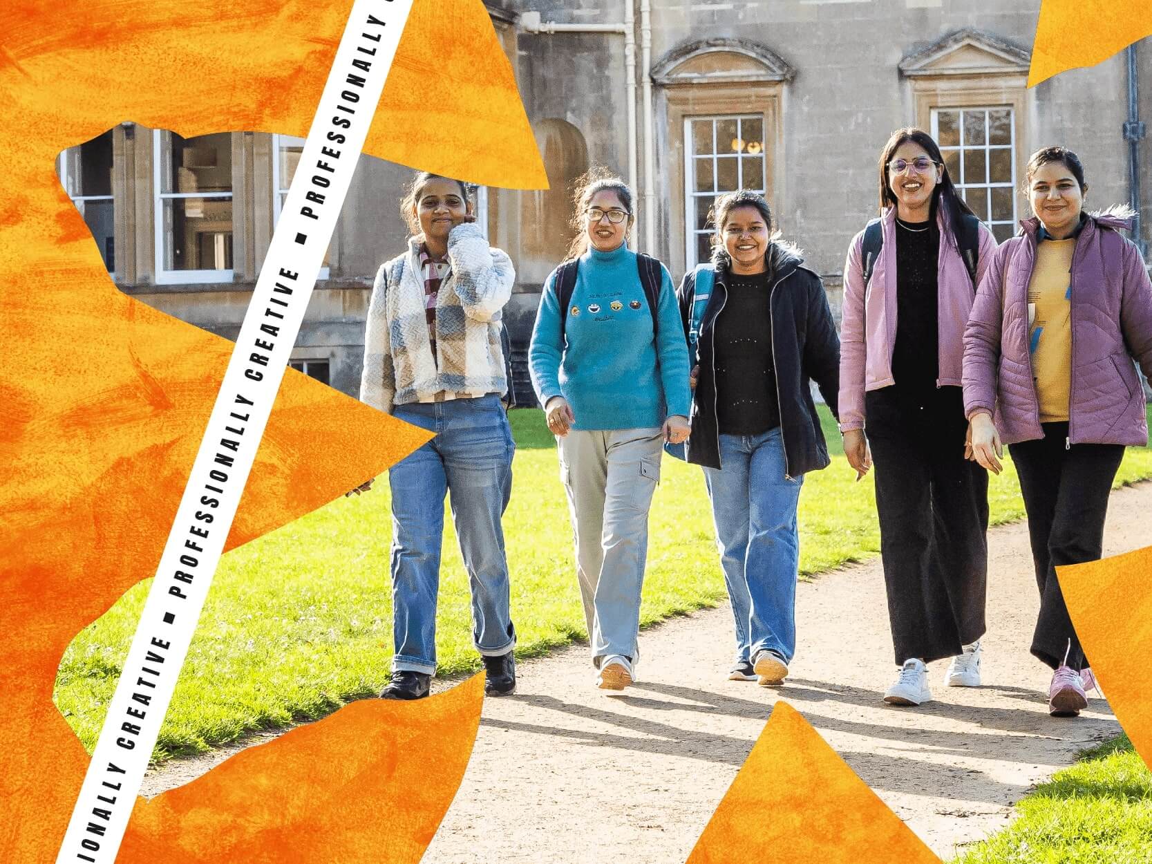 A group of students walking around Bath Spa University campus on a sunny day with a colourful graphic overlay reading "Professionally creative"