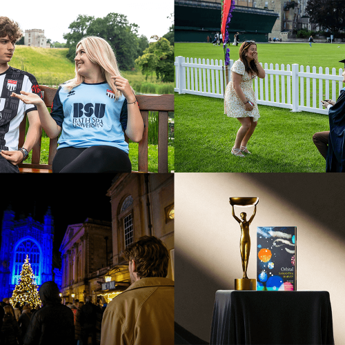 A collage of images showing two students in football tops, a book next to the booker prize, two students getting engaged and a student walking through the Christmas markets