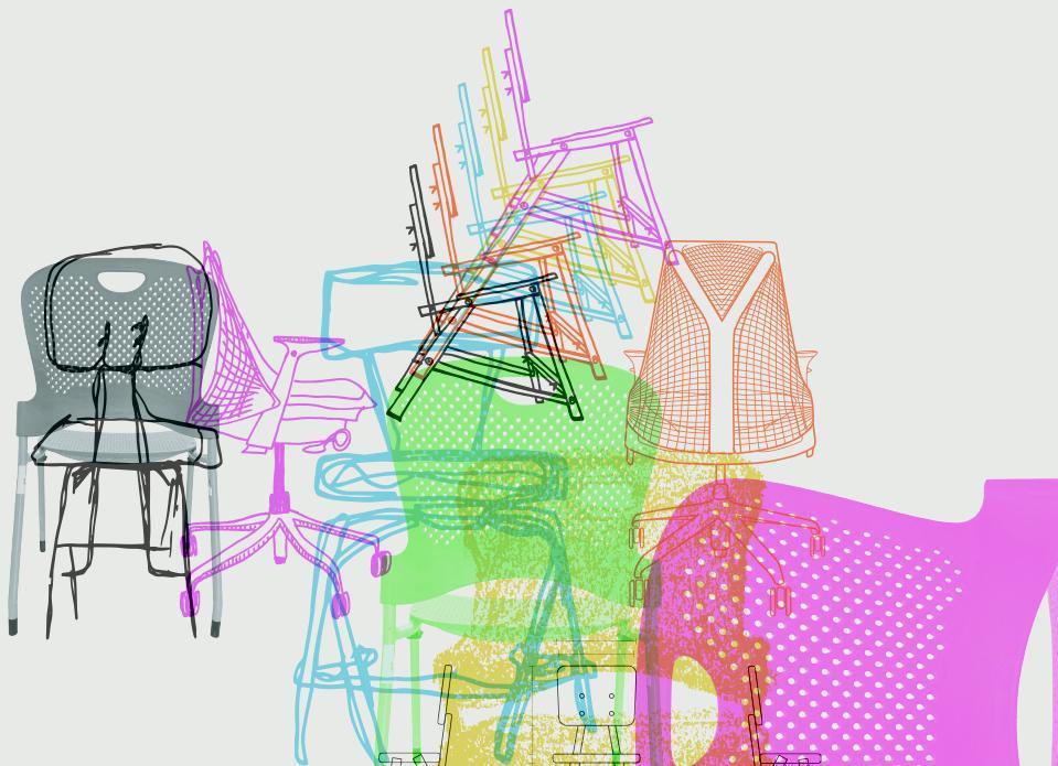 Abstract colour drawing of different chair like shapes