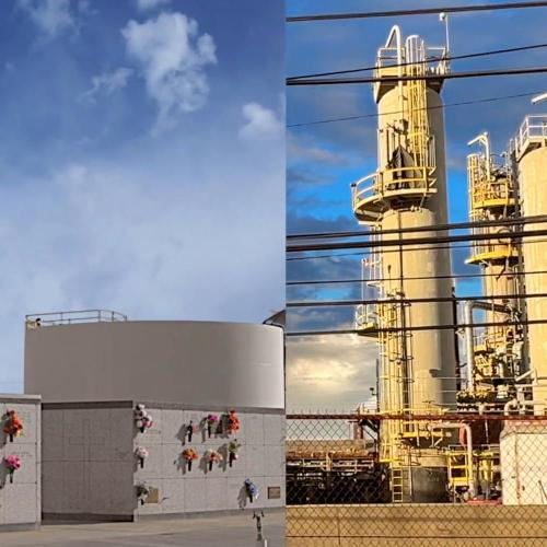 A split screen image with a chemical plant on the right and a cemetery on the left