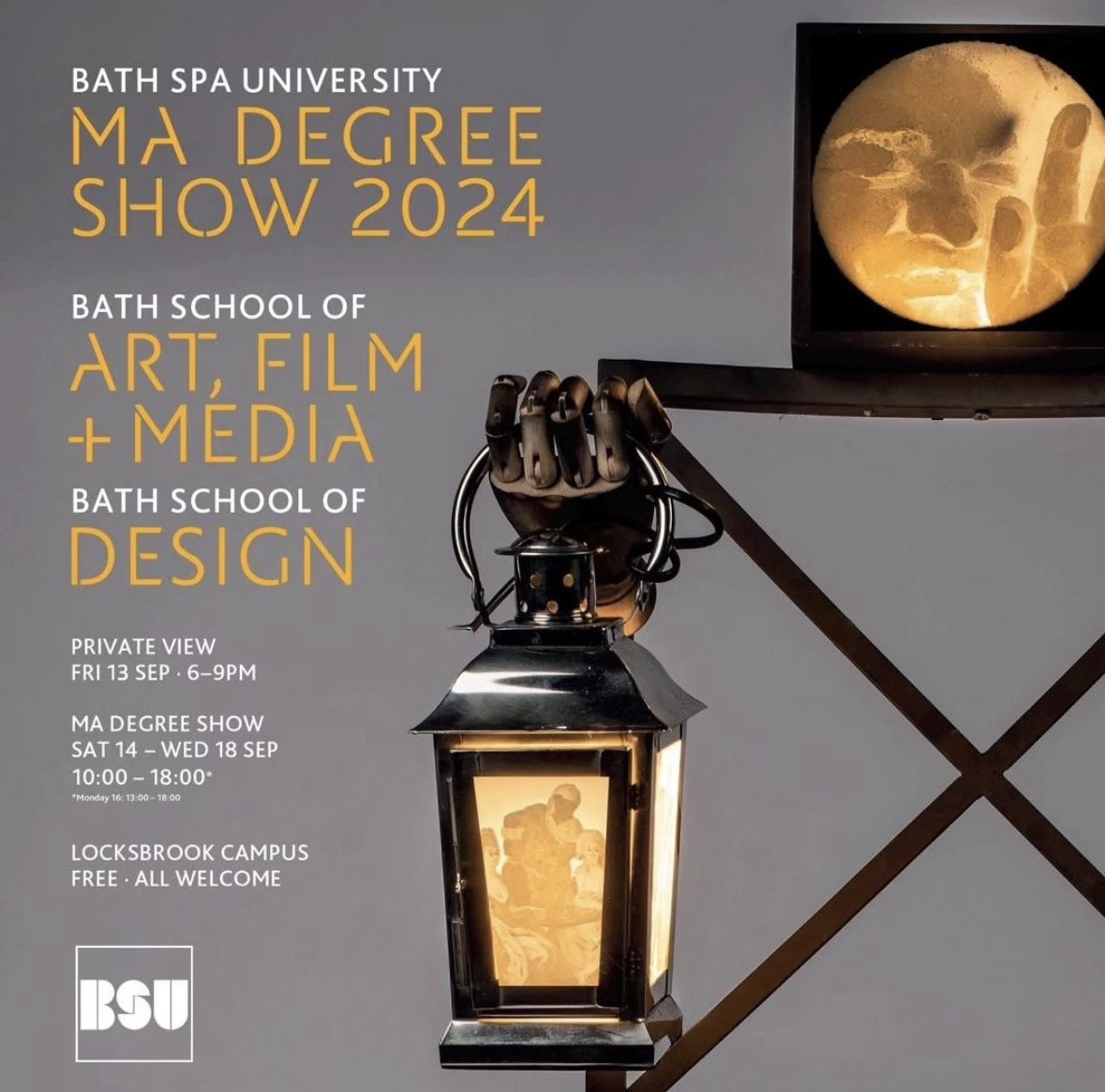 Advert featuring a lamp, showcasing all the dates and times for this 2024 MA Degree Show