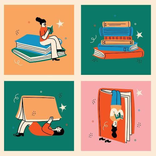 A series of drawings of books with people reading in various colours.