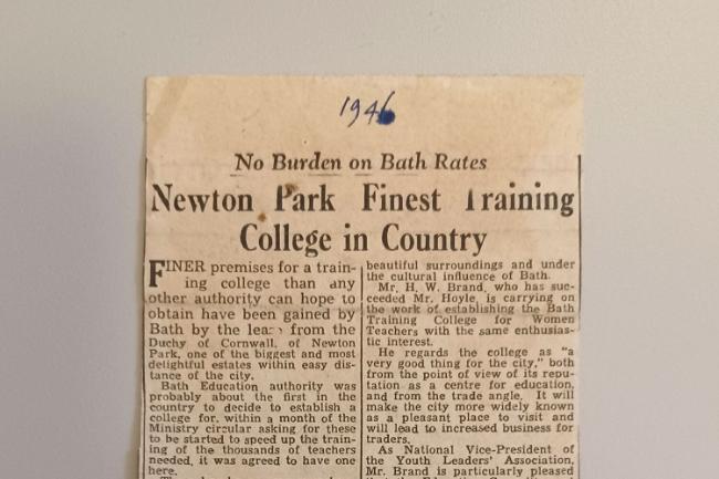 A news clipping from 1946, reading the title 'Newton Park Finest Training College in the Country;'