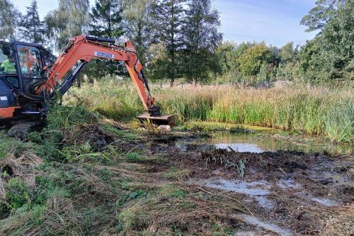 A digger working by the pond, clearing debris