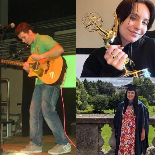 A montage image of students. One male is playing guitar on stage, one female is holding a gold Emmy award and the other female is wearing a graduation cap and gown