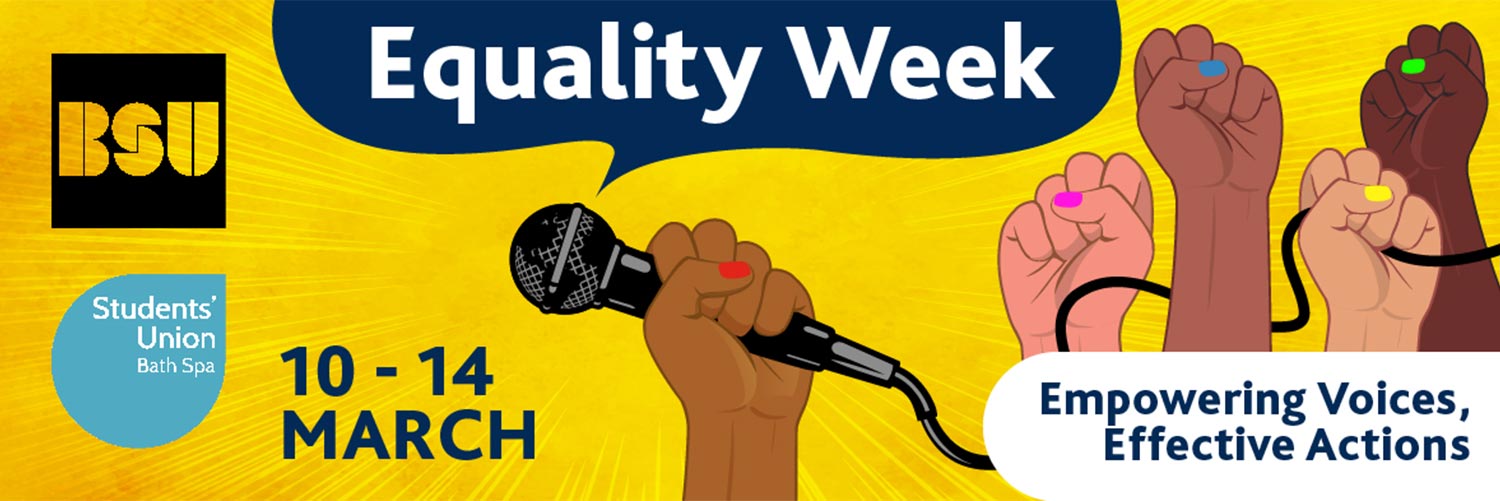 Banner with graphic of hand holding microphone advertising Equality Week 2025 at BSU