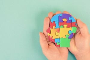 Graphic of hands holding a jigsaw of colourful pieces in the shape of a human head