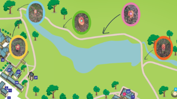 Graphic of map of Newton Park campus showing that there are five QR codes across the site/