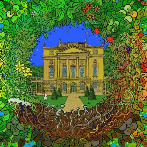 Artwork showing a ring of nature surrounding a grand building