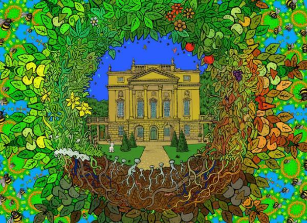Artwork showing a ring of nature surrounding a grand building