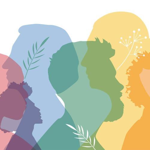 A multi-coloured silhouette image of different faces on a white background