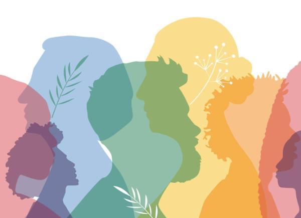 A multi-coloured silhouette image of different faces on a white background