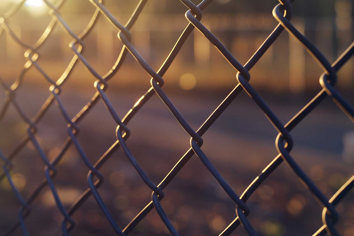 A close-up shot of a wire fence at sunset