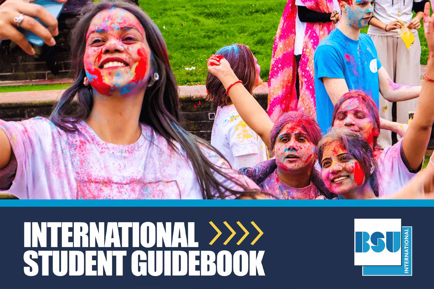 Image of a group of young people in BSU T-shirts laughing and covered in paint powder