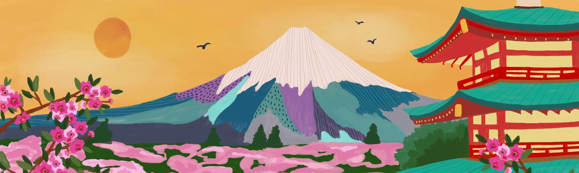 A brightly coloured illustration showing Mount Fuji and pink cherry blossom