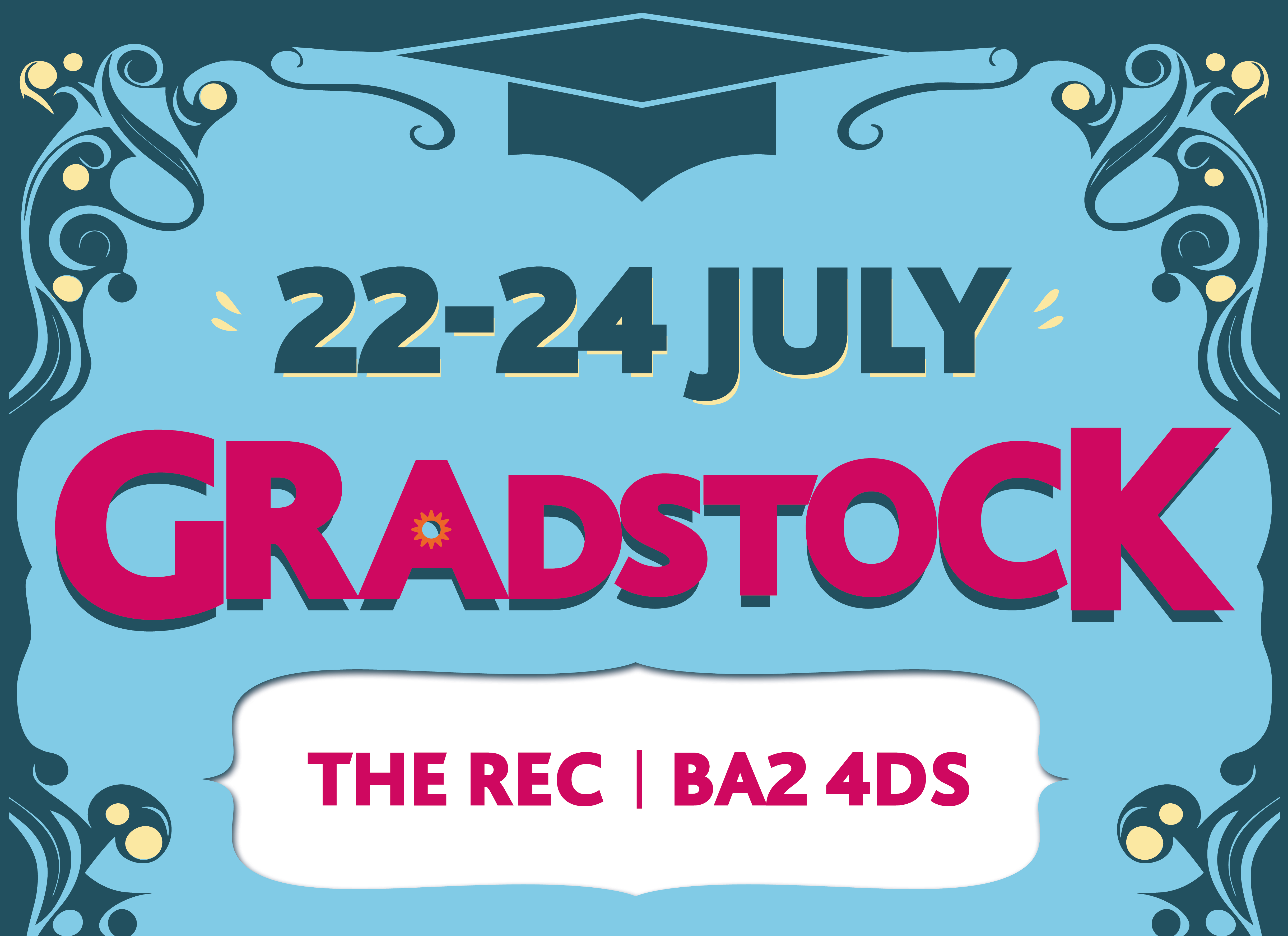 A blue, illustrated banner that reads '22-24 July: Gradstock' followed by 'THE REC, BA2 4DS'