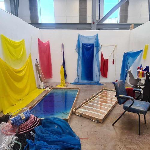 Studio with primary coloured drapes