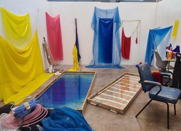 Studio with primary coloured drapes